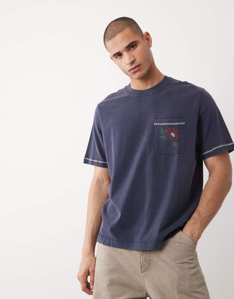 Abercrombie & Fitch – Hochwertiges, schweres T-Shirt in verwaschenem Marineblau mit Stickerei - view 1