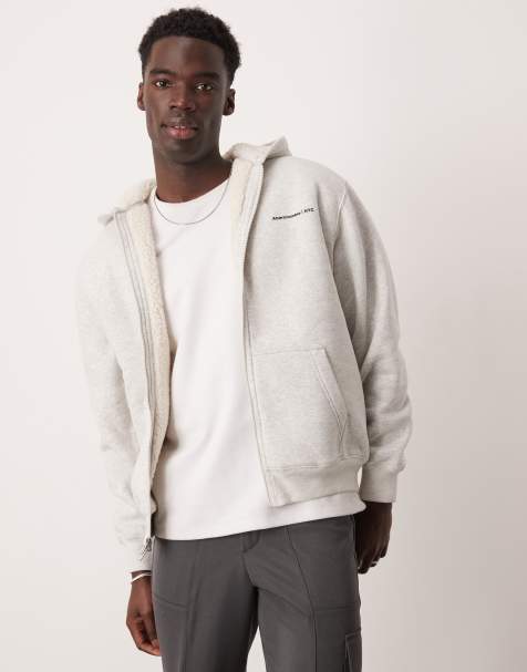 Abercrombie & Fitch - Hoodie met logo, sherpavoering en rits in gemêleerd grijs - view 1