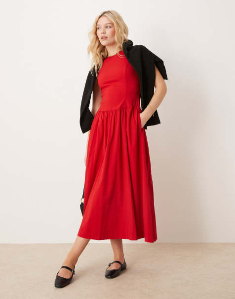 Abercrombie & Fitch - Hoogsluitende midi-jurk met verlaagde taille in rood - view 1