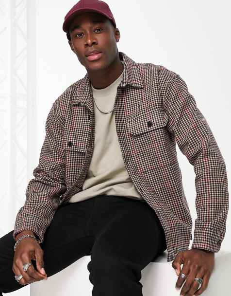 Abercrombie & Fitch houndstooth check heavy flannel overshirt in tan - view 1