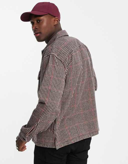 Abercrombie & Fitch houndstooth check heavy flannel overshirt in tan , 2 of 4