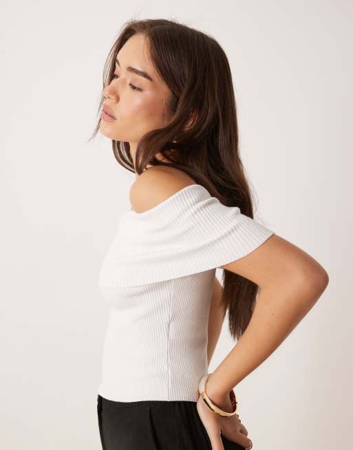 Abercrombie & Fitch - Hvid offshoulder-top med foldet detalje, 4 af 4