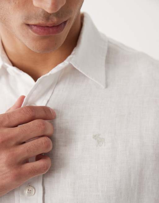 Abercrombie & Fitch - Icon - Camicia a maniche lunghe bianca in 100% lino con logo, 5 di 5