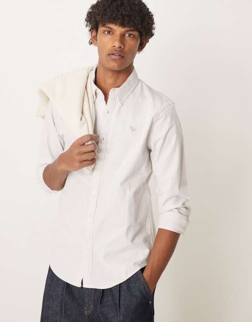 Abercrombie & Fitch - Icon - Camicia Oxford in lino a righe color cuoio/grigio con logo