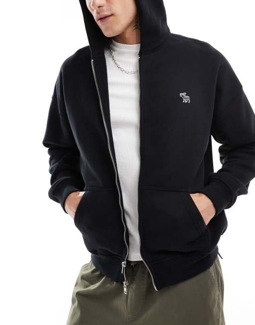 Abercrombie Fitch icon embroidered logo full zip hoodie in black