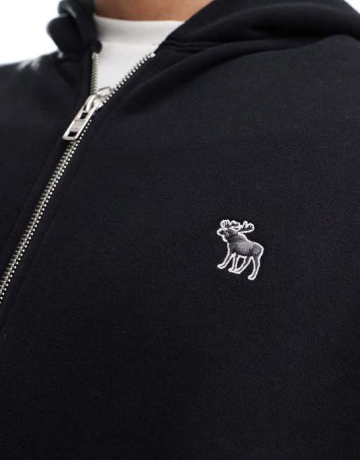 Abercrombie Fitch icon embroidered logo full zip hoodie in black