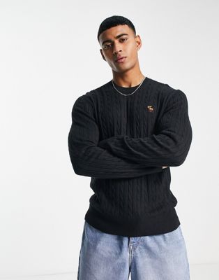 Abercrombie & Fitch icon logo cable knit jumper in black - ASOS Price Checker