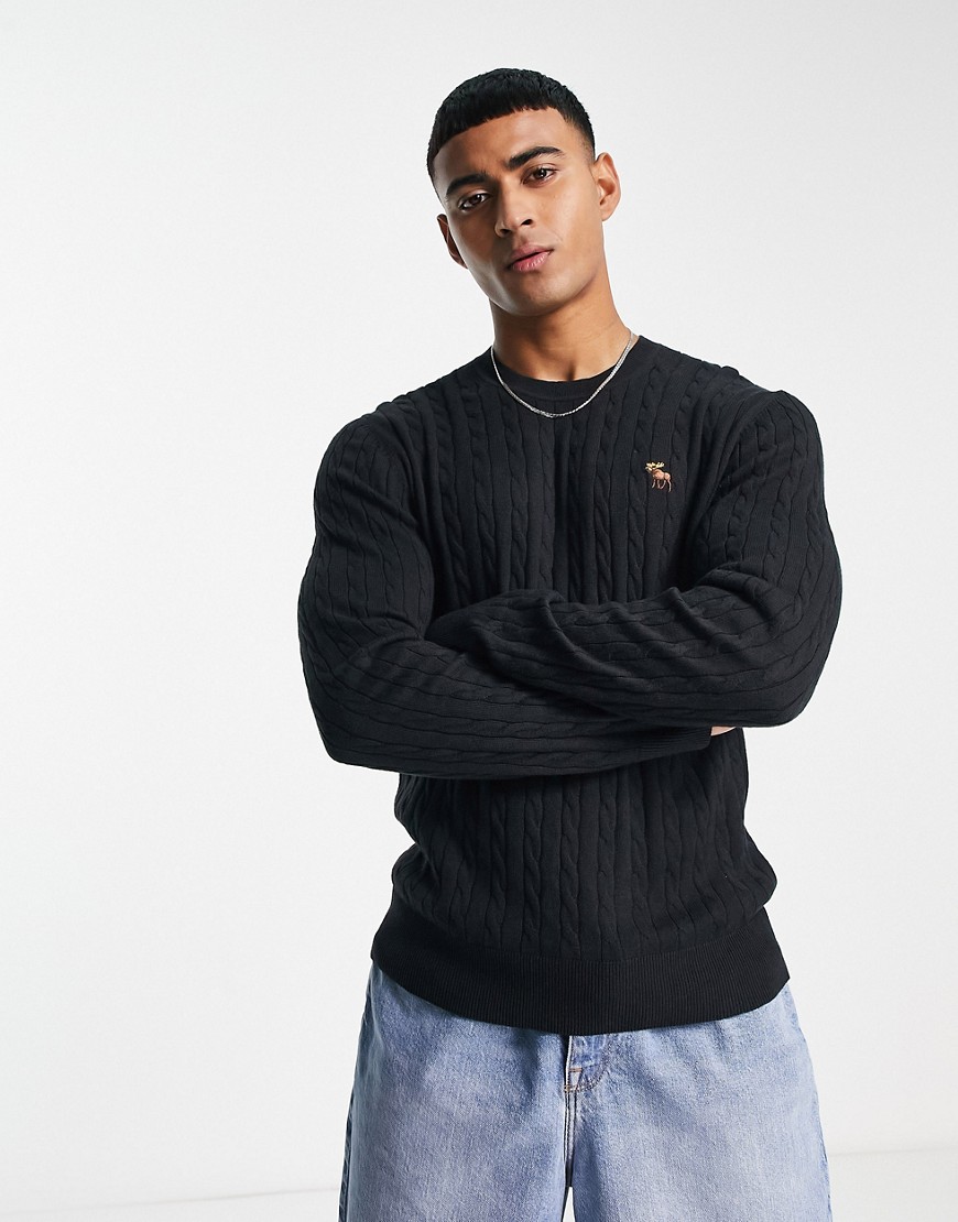 Abercrombie & Fitch icon logo cable knit jumper in black