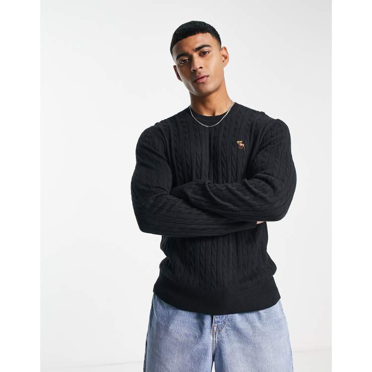 Abercrombie Fitch icon logo cable knit jumper in black