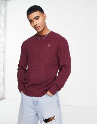 Abercrombie & Fitch icon logo cable knit jumper in burgundy marl