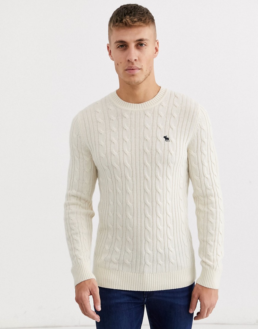 Abercrombie & Fitch icon logo cable knit jumper in cream