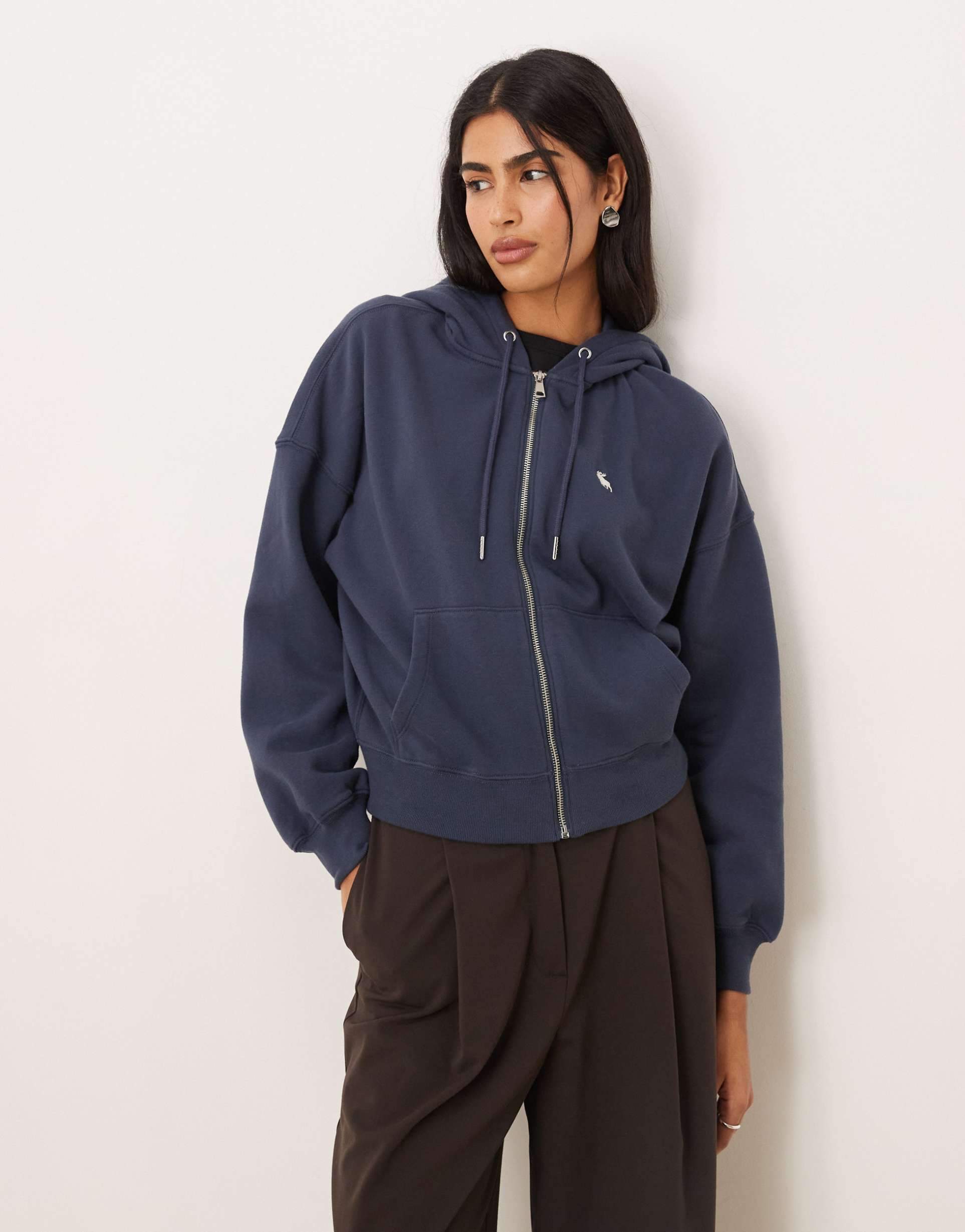 abercrombie & fitch icon logo fleece zip up hoodie in navy