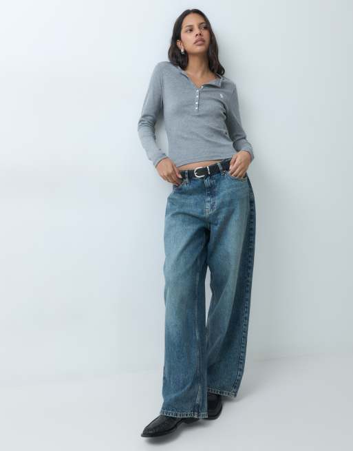 Abercrombie & Fitch Icon-Logo geripptes Langarm-Henley-Oberteil in Grau, 2 von 5