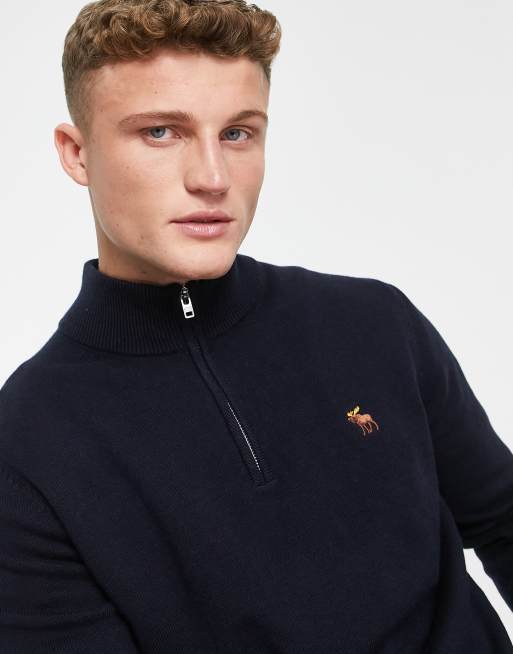 Abercrombie & Fitch icon logo half zip knit sweater in navy | ASOS