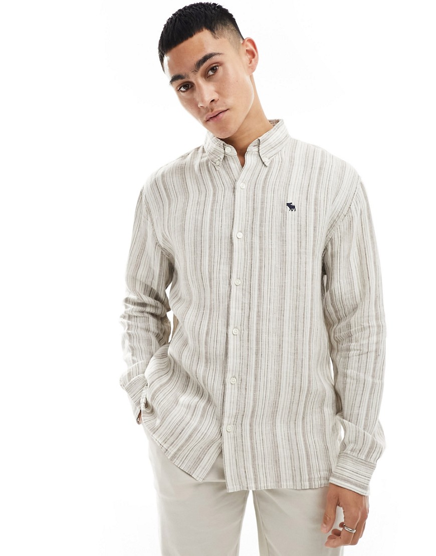 Abercrombie & Fitch icon logo linen stripe oxford shirt in tan/grey-White