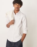 [Abercrombie & Fitch] Abercrombie & Fitch icon logo linen stripe oxford shirt in tan/grey-White XS White/grey