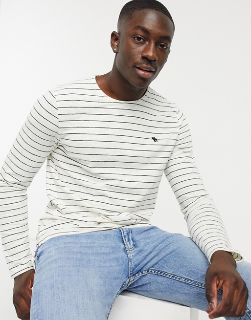 Abercrombie & Fitch icon logo long sleeve knit in white stripe