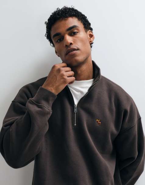 Abercrombie & Fitch icon logo oversized 1/4 zip sweatshirt in brown - view 1