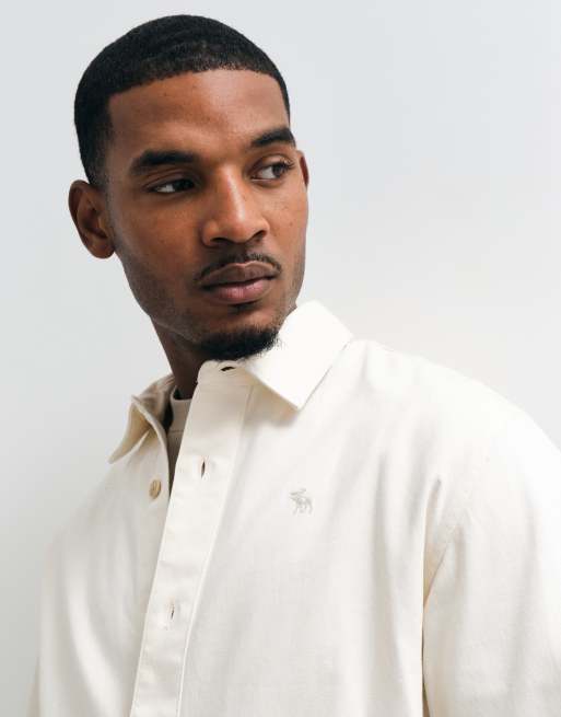 Abercrombie & Fitch icon logo oversized twill shirt in cream, 3 of 5