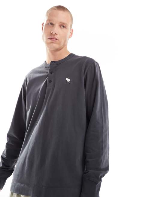 Abercrombie & Fitch icon logo premium henley long sleeve t-shirt in washed black