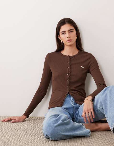 Abercrombie & Fitch icon logo ribbed button through top in brown - view 1