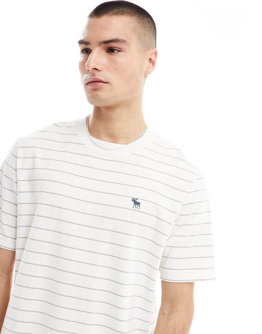 Abercrombie & Fitch icon logo stripe heavyweight t-shirt in cream-White