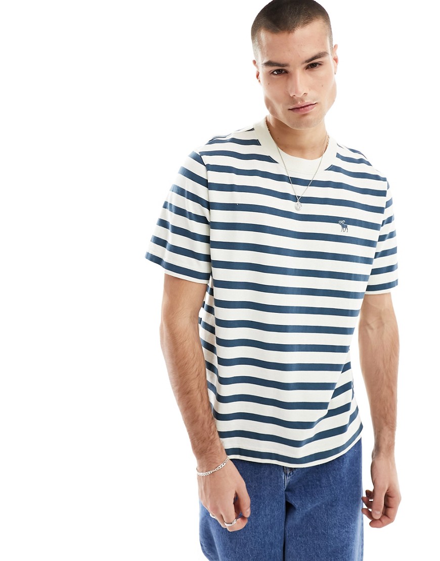 Abercrombie & Fitch icon logo stripe heavyweight t-shirt in white/blue