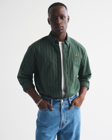Abercrombie & Fitch Icon oxford button-up shirt in dark green stripe - view 1