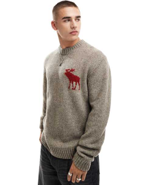 Abercrombie & Fitch intarsia icon logo fuzzy knit jumper in brown marl - view 1