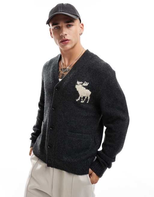 Abercrombie Fitch intarsia icon logo knit cardigan in charcoal