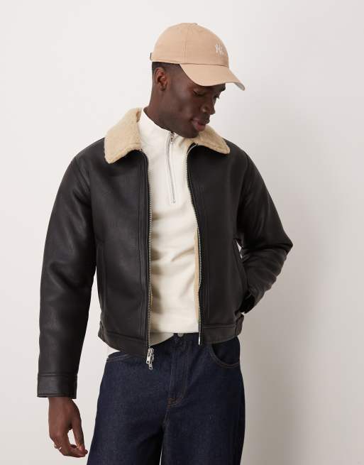 Abercrombie & Fitch - Jack van imitatieleer en -schapenvacht met sherpavoering in zwart
