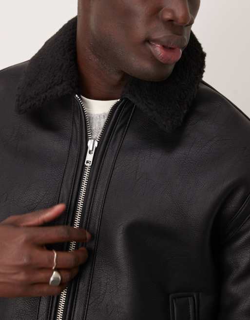 Abercrombie & Fitch – Jacke aus Kunstleder in Schwarz mit Teddyfellfutter und Lammfell, 2 von 4