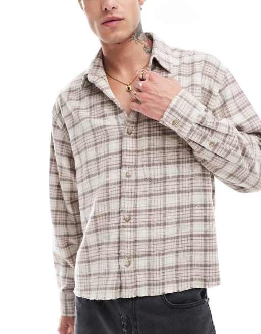 Abercrombie & Fitch – Jasnobrązowa flanelowa koszula o krótkim fasonie w kratkę