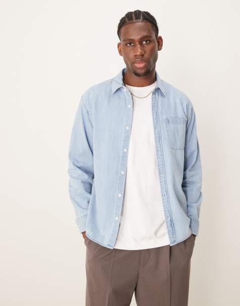 Abercrombie & Fitch long sleeve cropped western denim shirt in blue wash