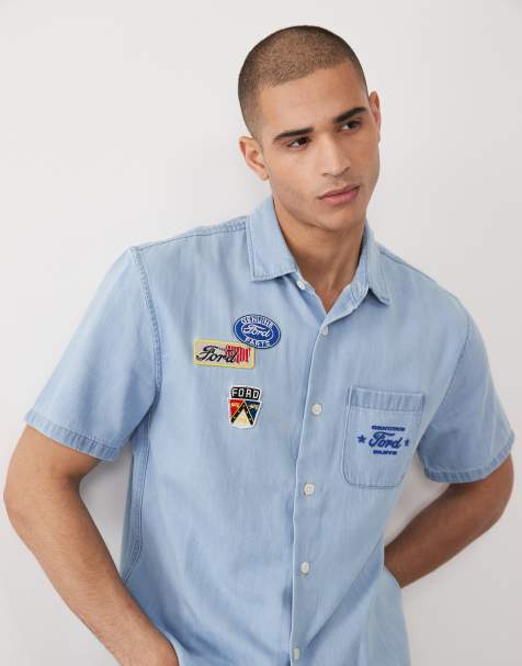 Abercrombie & Fitch motor graphic short sleeve workwear shirt in light blue