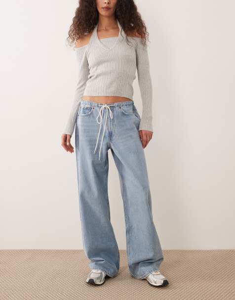 Abercrombie & Fitch baggy fit jean with drawstring waist detail in light blue wash