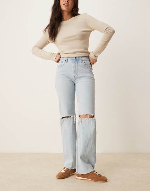 Abercrombie & Fitch – Jasnoniebieskie jeansy o luźnym kroju z przetarciami na kolanach w stylu lat 90.