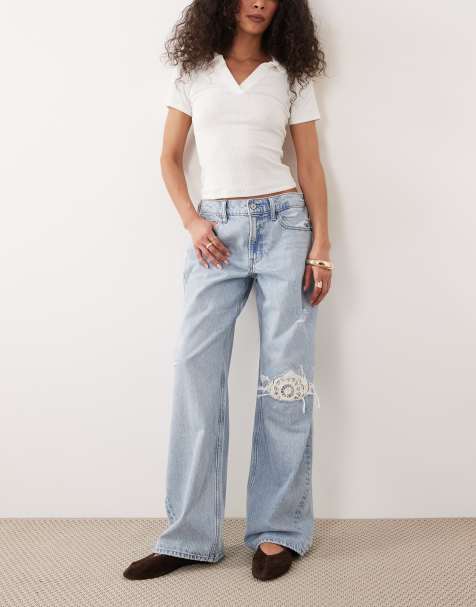 Abercrombie & Fitch - Jeans ampi a vita bassa con strappi all'uncinetto lavaggio azzurro - view 1