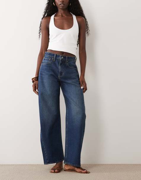 Abercrombie & Fitch jeans med hög midja och barrel fit i mörkblått - view 1