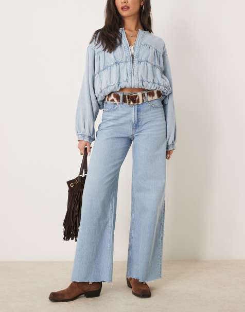 Abercrombie & Fitch - Jeans met wijde pijpen en hoge taille in lichtblauw met wassing - view 1