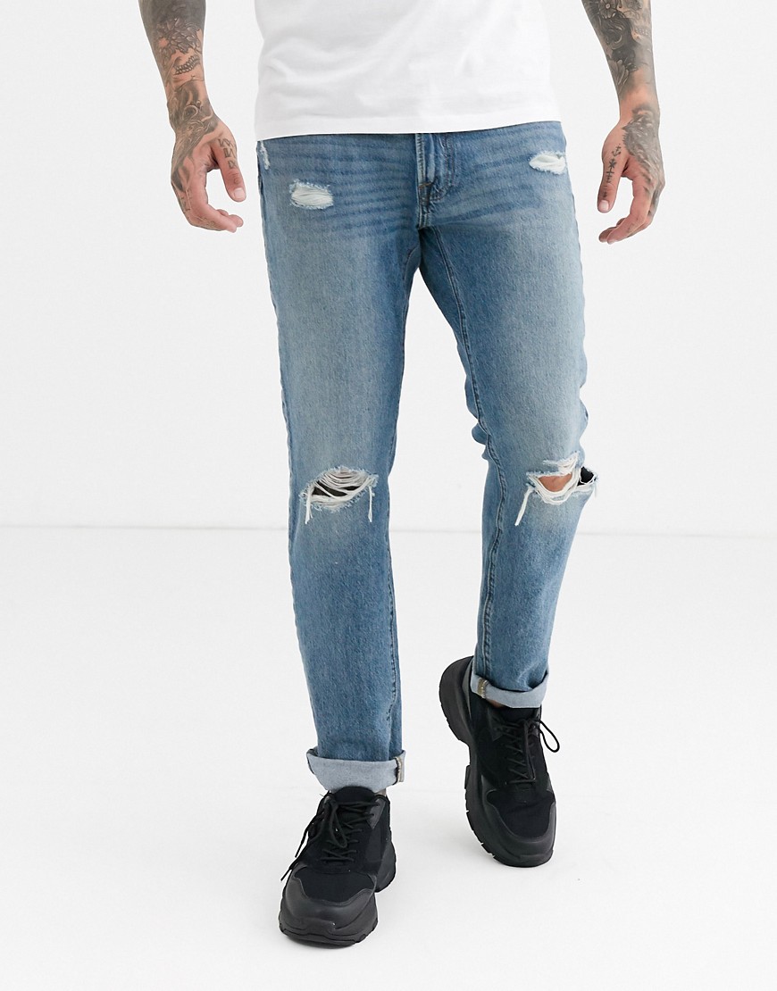 Abercrombie & Fitch - Jeans slim lavaggio medio invecchiato-Blu