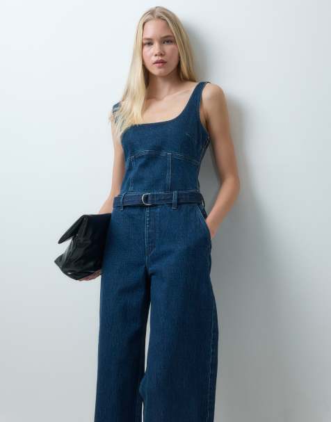 Abercrombie & Fitch Jumpsuit aus Denim mit eckigem Ausschnitt und Gürtel in Mittelblau - view 1