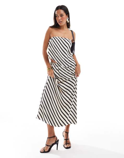 Abercrombie & Fitch - Jupe d'ensemble satinée à taille nouée avec rayures - Crème et noir - view 1