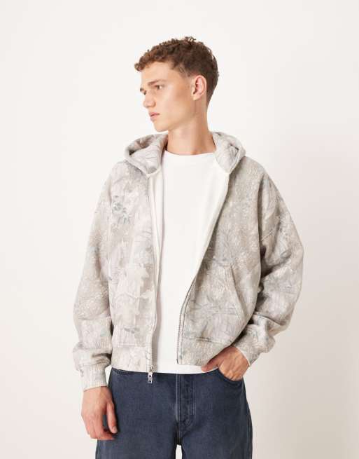 Abercrombie & Fitch – Kapuzenpullover in Creme mit Zwei-Wege-Reißverschluss und Tasche vorne