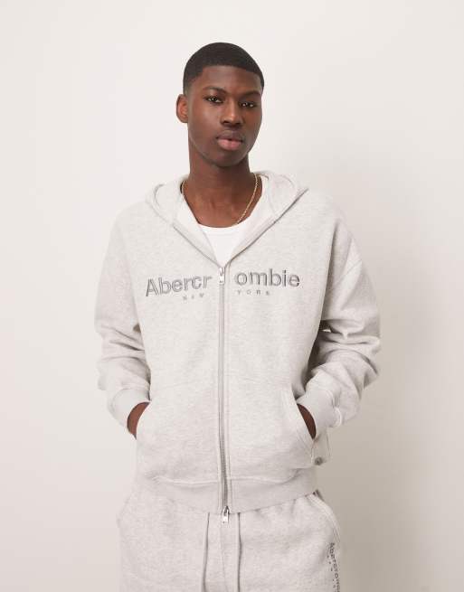 Abercrombie & Fitch – Kapuzenpullover in Hellgrau mit Reißverschluss und Logo