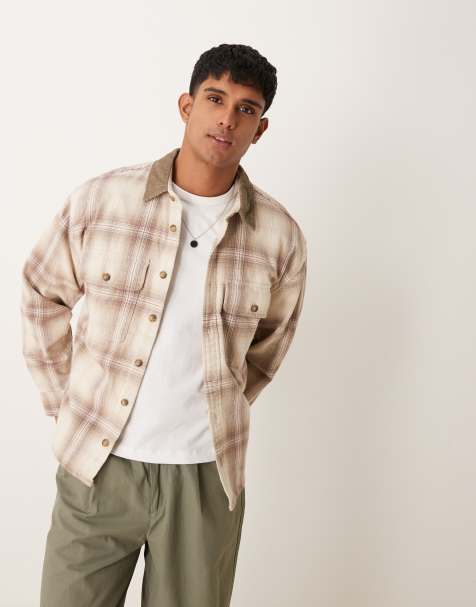 Abercrombie & Fitch – Kariertes Worker-Hemd aus dickem Flanell in Creme - view 1