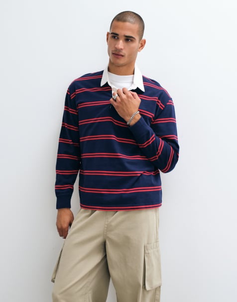 Abercrombie & Fitch kastiges Rugby-Polooberteil in Marineblau mit roten Streifen - view 1