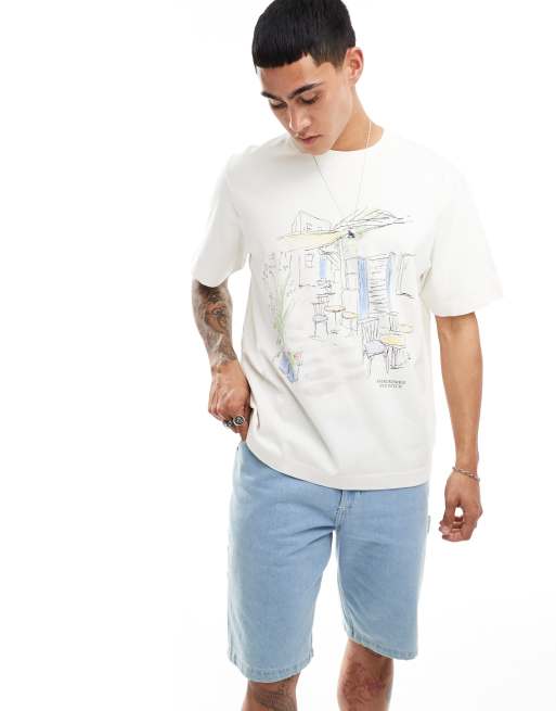 Abercrombie & Fitch - Klassiek T-shirt met handgetekende print in gebroken wit