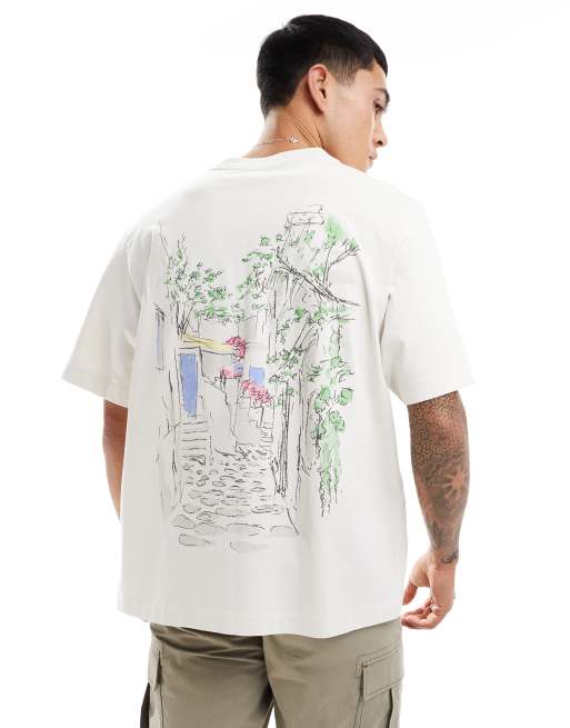 Abercrombie & Fitch – Klassisch geschnittenes T-Shirt in gebrochenem Weiß mit handgezeichnetem Reiseziel-Rückenprint