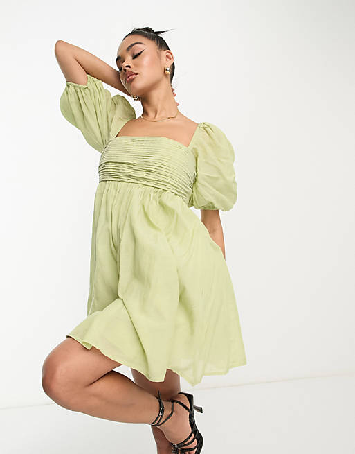 Abercrombie & Fitch – Kleid aus Popeline in Grün mit Puffärmeln | ASOS